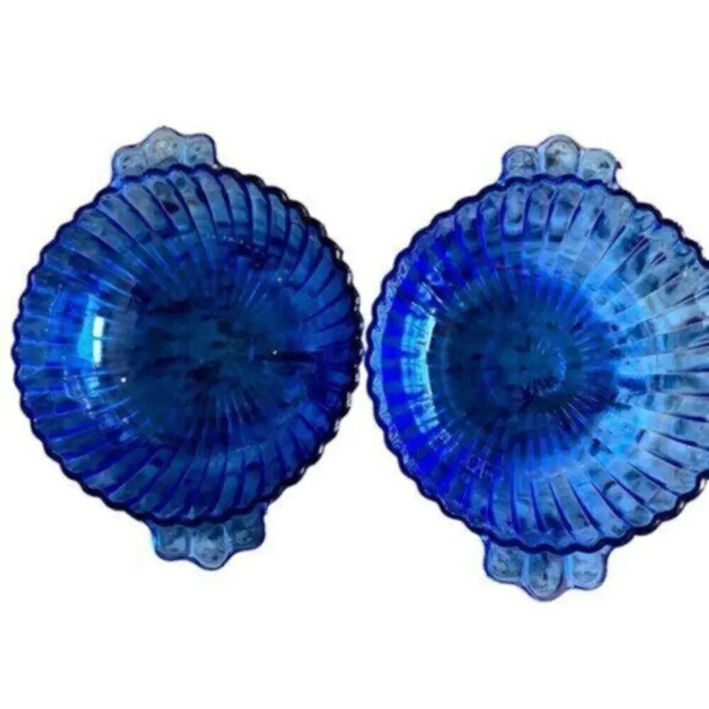 Vintage - Set of 2 Small Blue Glass Modern Design Bowls with Ridge Design